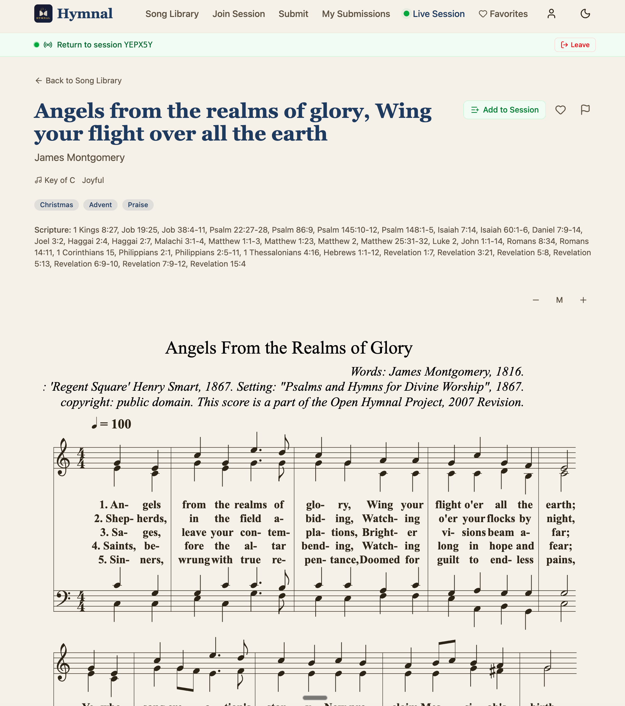 Hymnal app showing sheet music for Angels From the Realms of Glory
