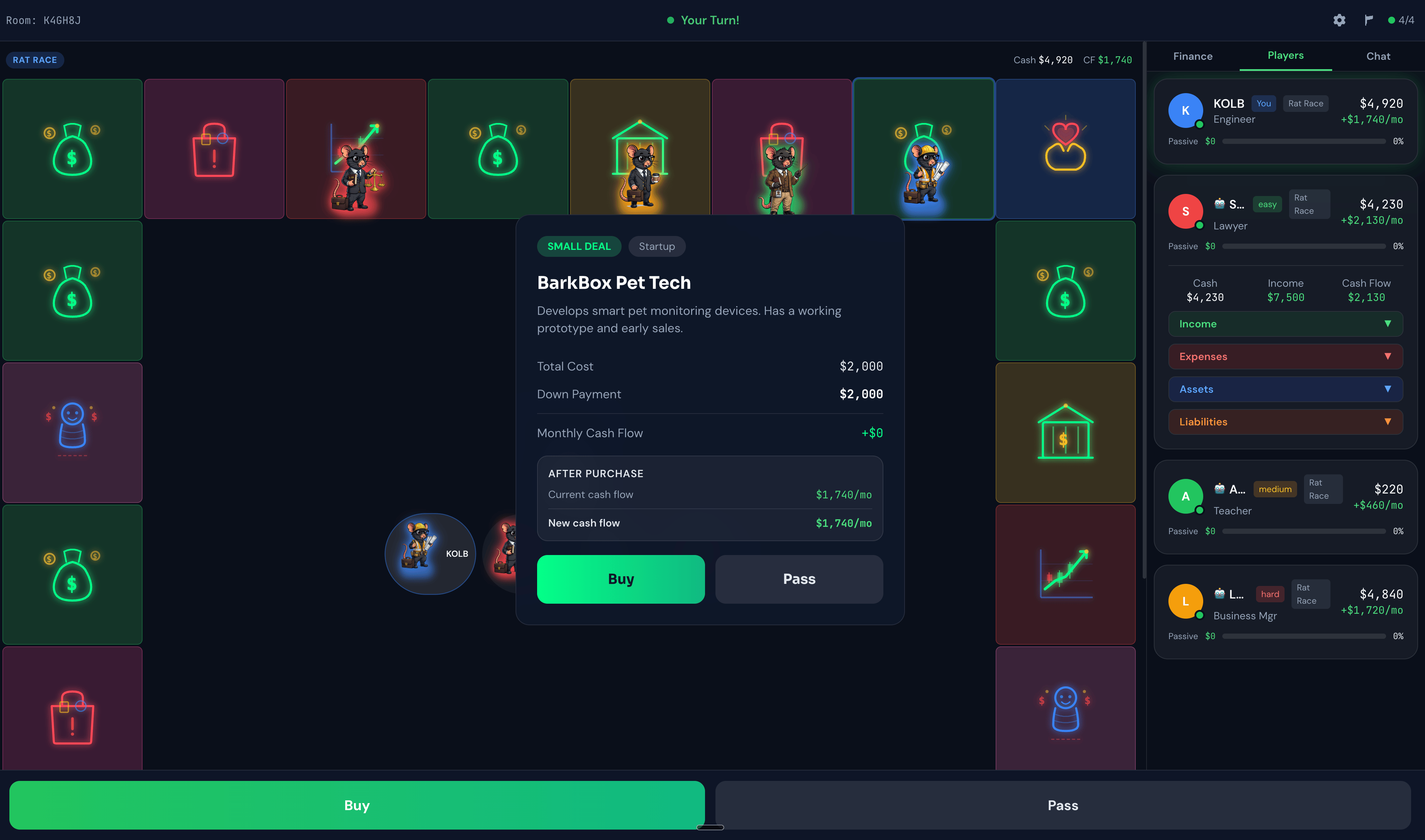 Wealth Flow multiplayer game showing a deal card and player financials